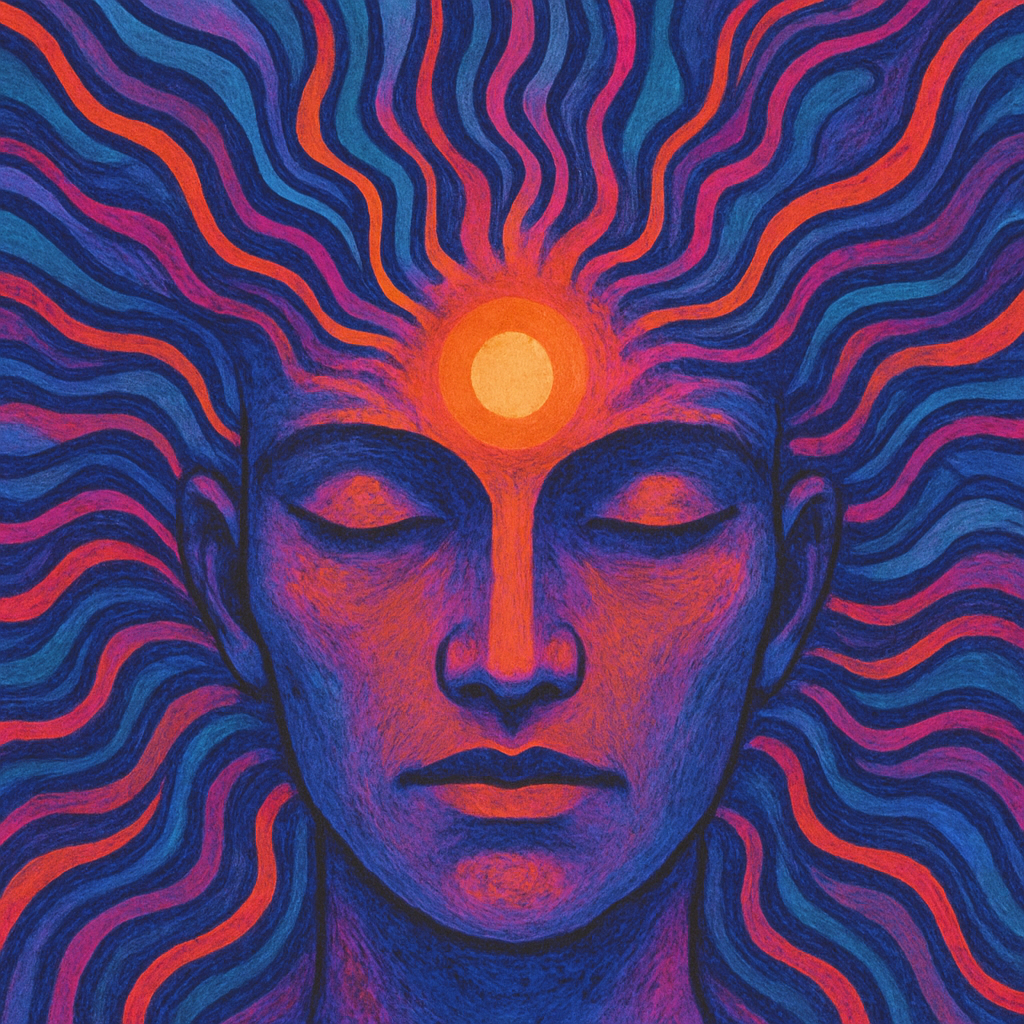 Frontal face with a bright centered glow between the eyebrows symbolizing centered perception