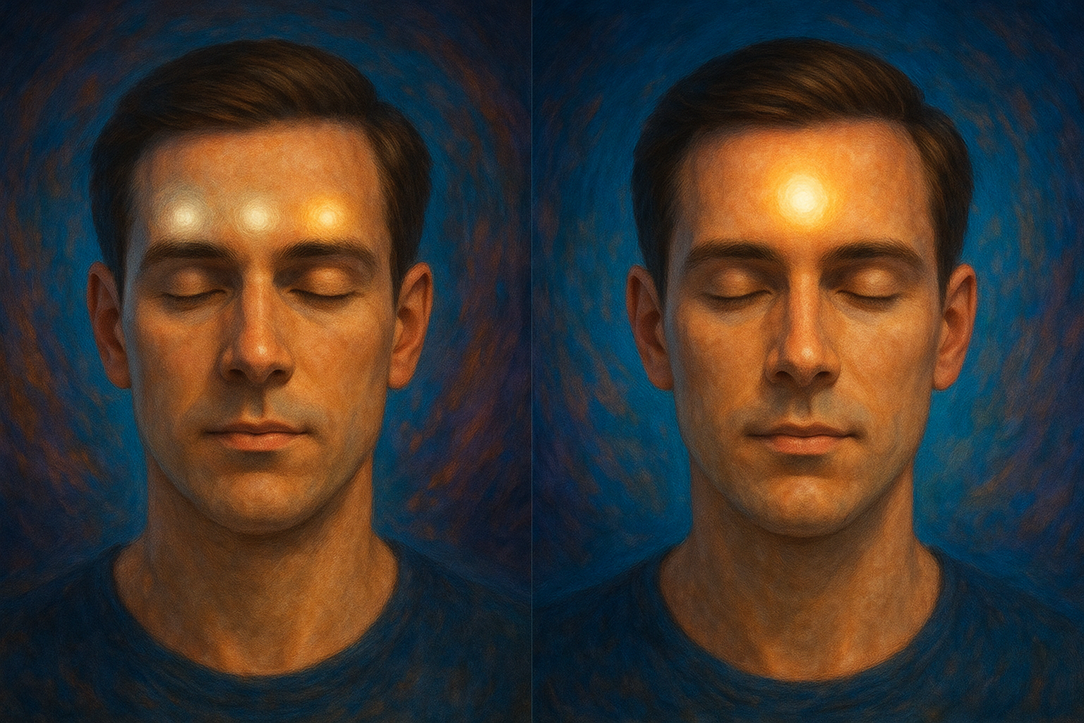 Three horizontal dots off center converging into a single bright centered dot