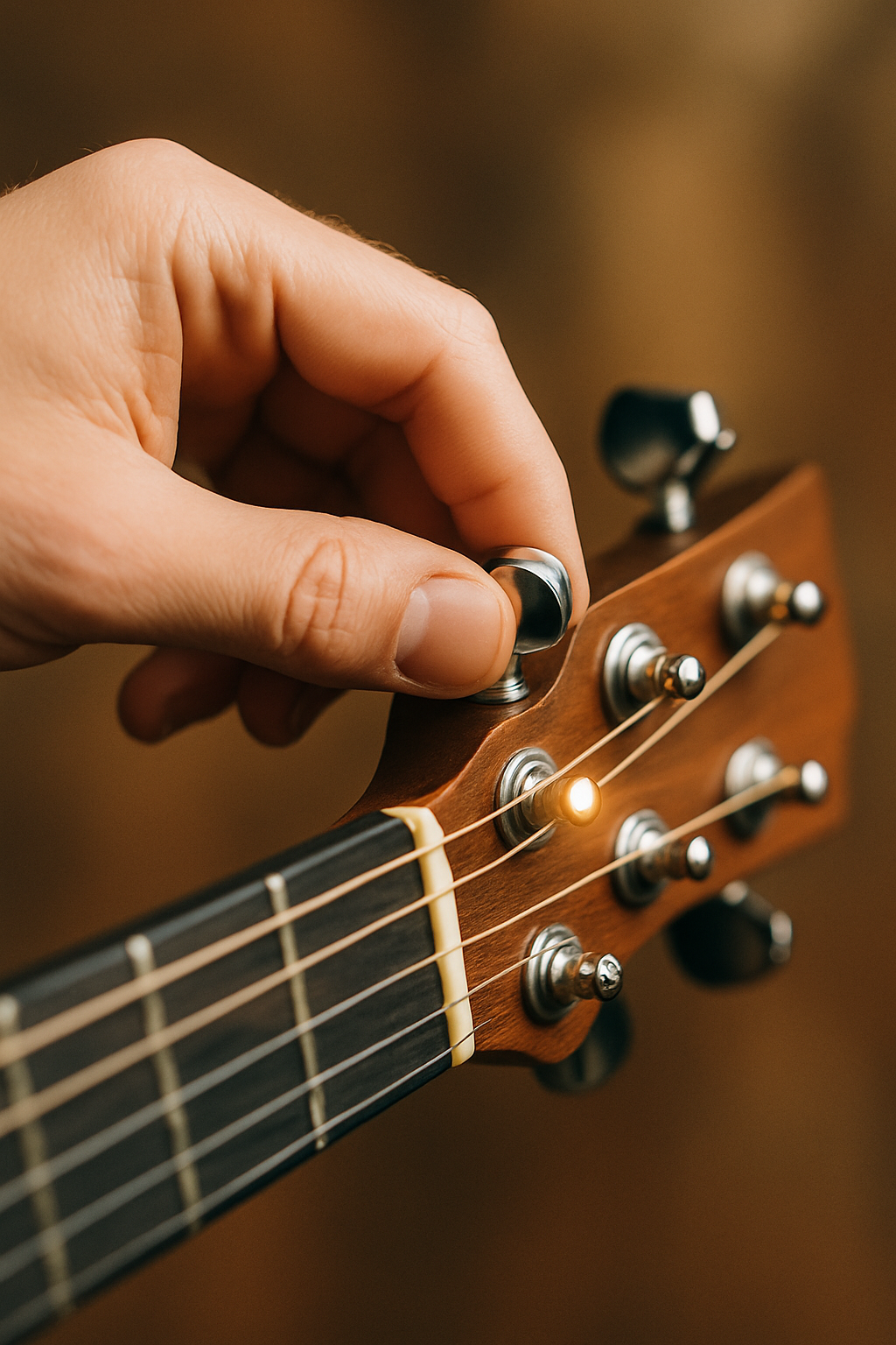 Hand turning a guitar tuning knob, tuning below then tightening to pitch
