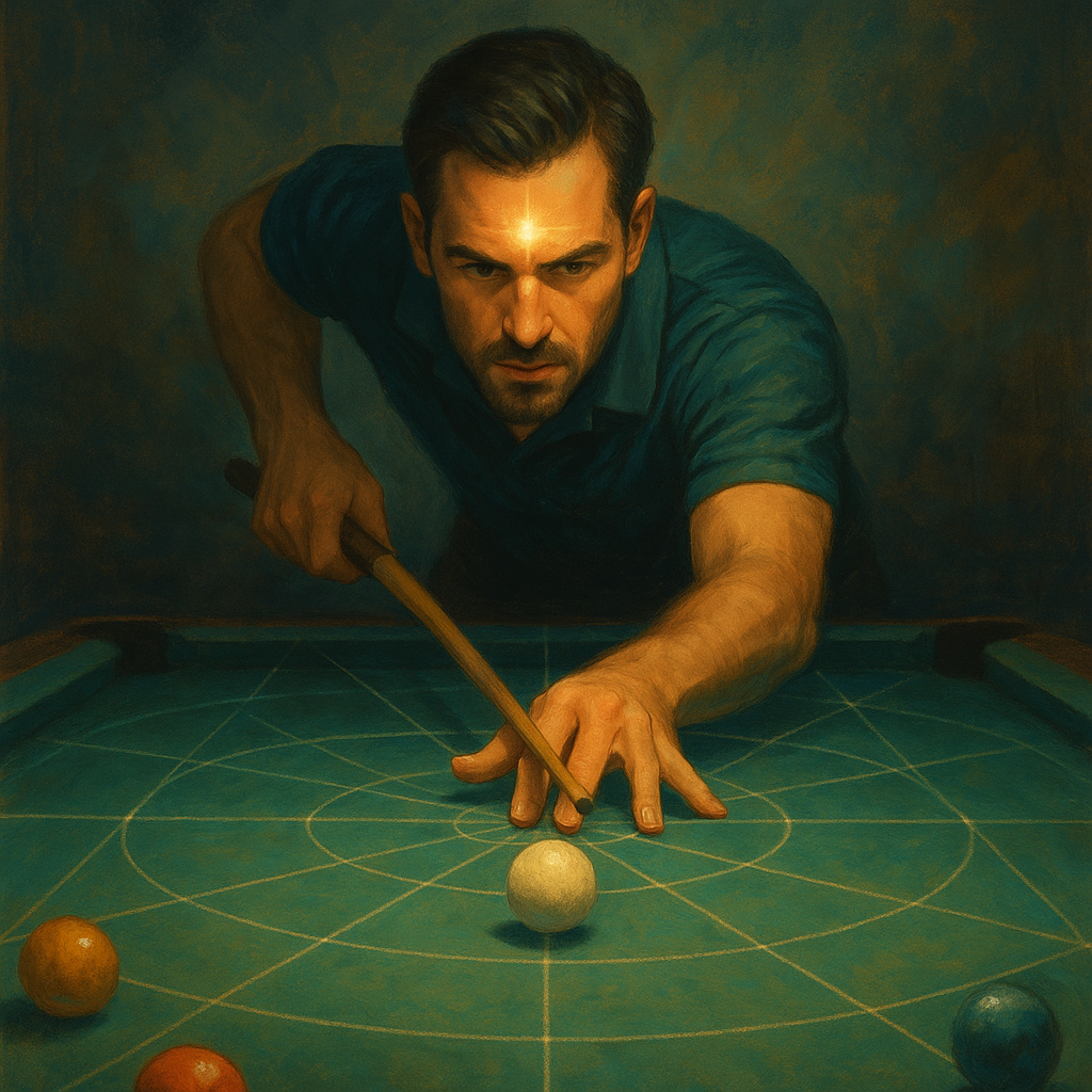 Calm forward lean over a pool table with soft geometry lines and a centered glow