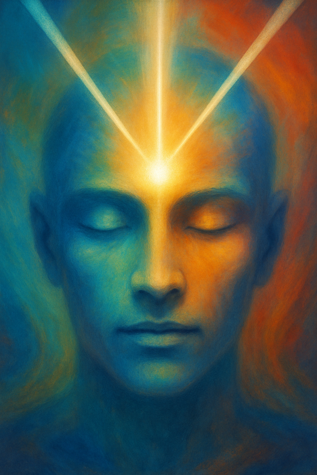 Abstract face with beams converging into a bright centered point between the eyes