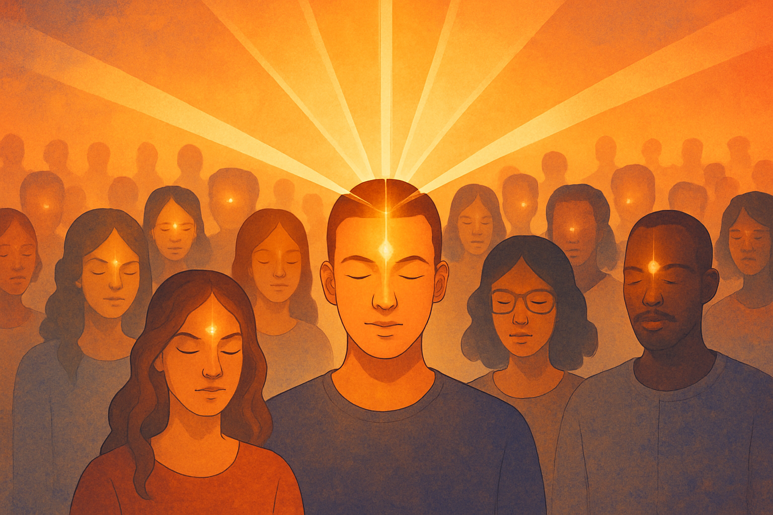 A crowd of silhouettes each with a centered glow merging into one shared field