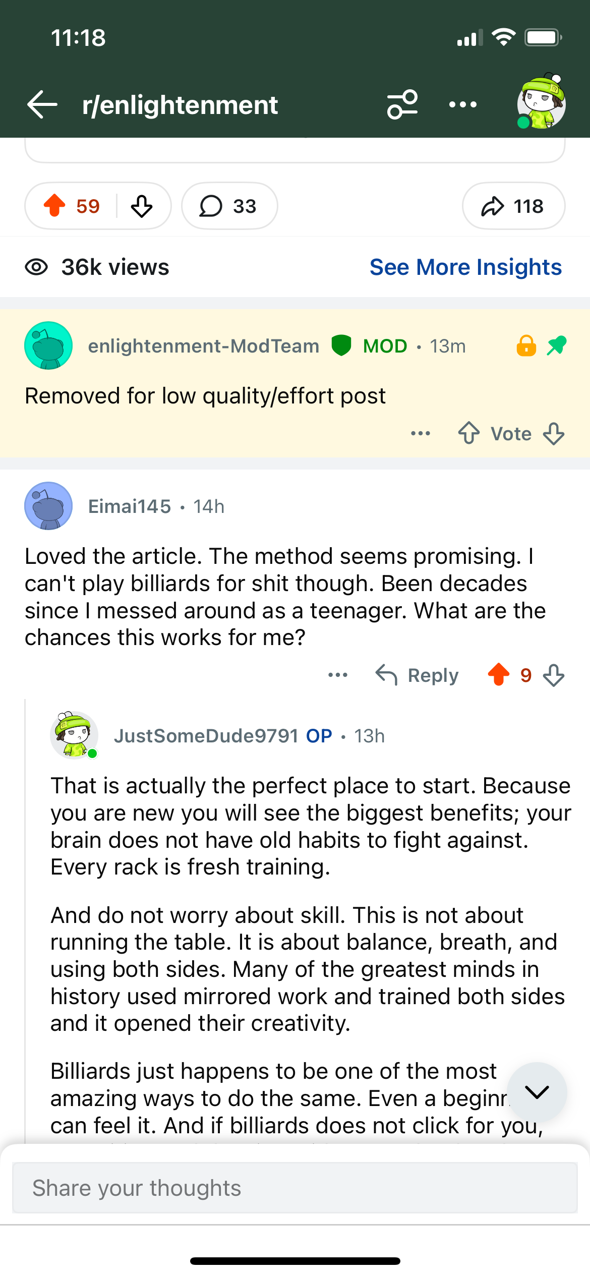 Screenshot showing more than thirty six thousand views and many positive comments before the post was removed